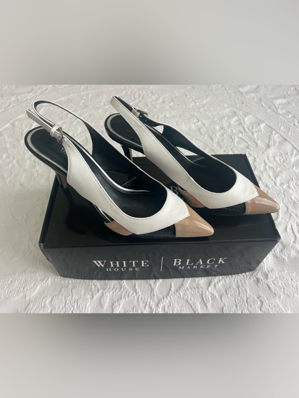 White House Black Market Black, White & Tan Heels with Box
